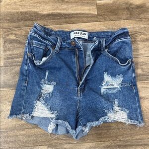 Wax Jean Distressed Dark Blue Denim Shorts